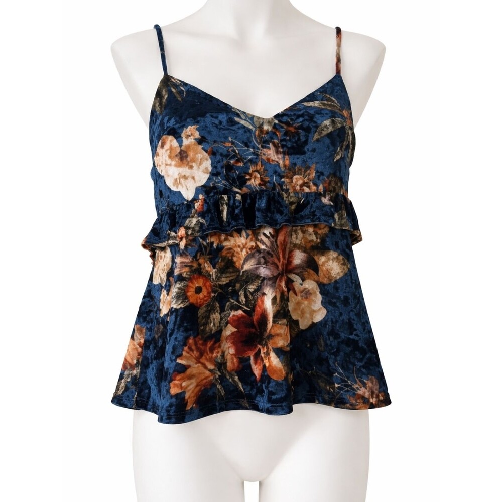 Women's Size Small Blue Floral Velvet Ruffle Cami Garden Fairy